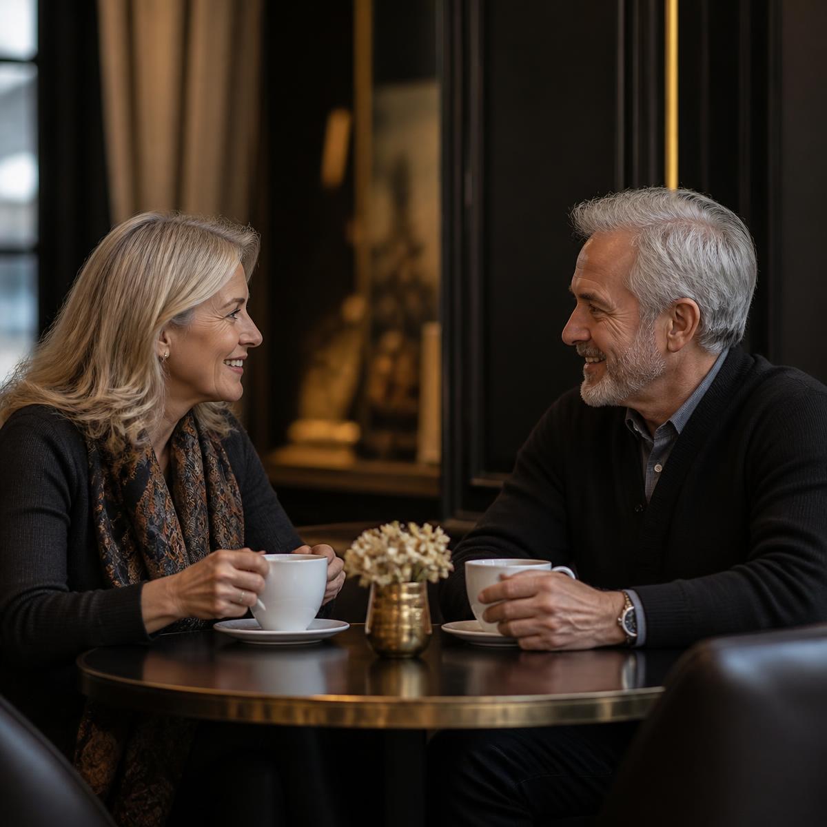 Two mature adults smiling over cups of coffee and tea at a small cafe table