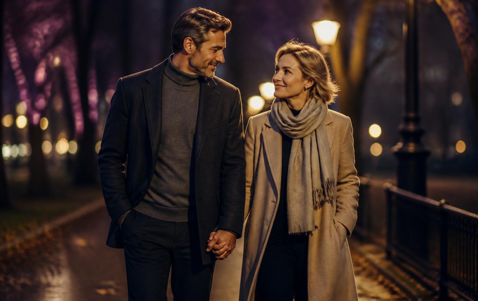 A couple in their forties walking hand in hand along a quiet, softly lit park path at dusk